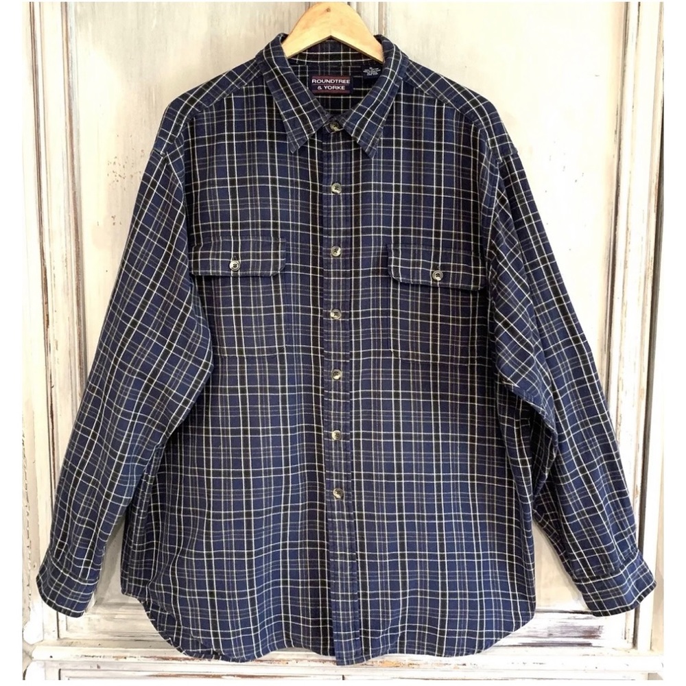 Roundtree & York Vintage Blue Plaid Flannel Shirt Sz XL